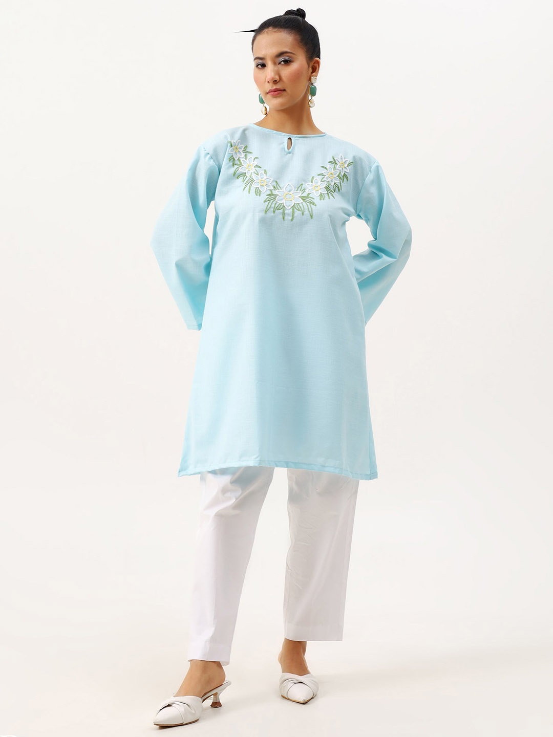 

Kashmir Box Women Embroidered Flared Sleeves Handloom Thread Work Solid Cotton Kurti, Blue