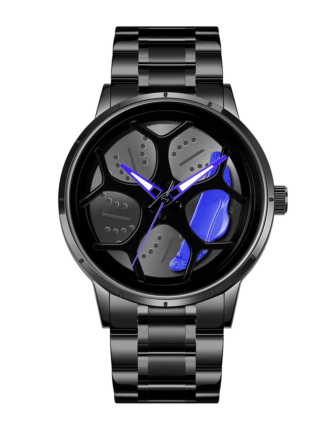 

IIK COLLECTION Men Round Car Wheel Dial With Spinning Car Rim Hub Chain Analogue Watch, Blue