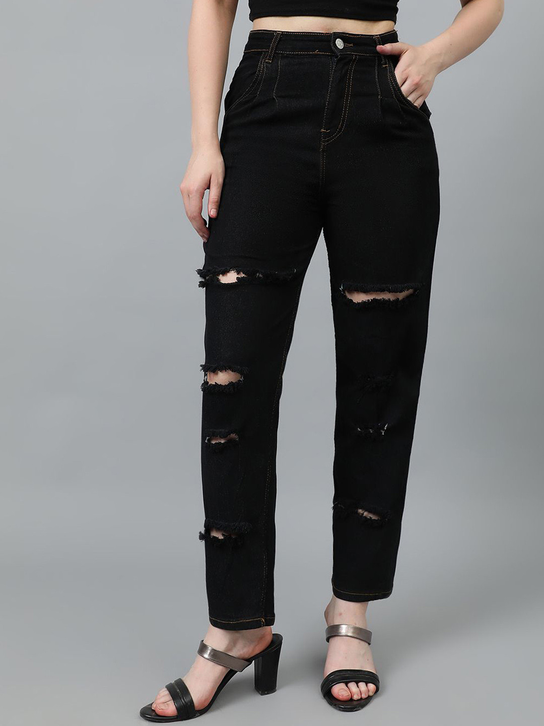 

Stylecast X Kotty Women Straight Fit High-Rise Highly Distressed Stretchable Jeans, Black