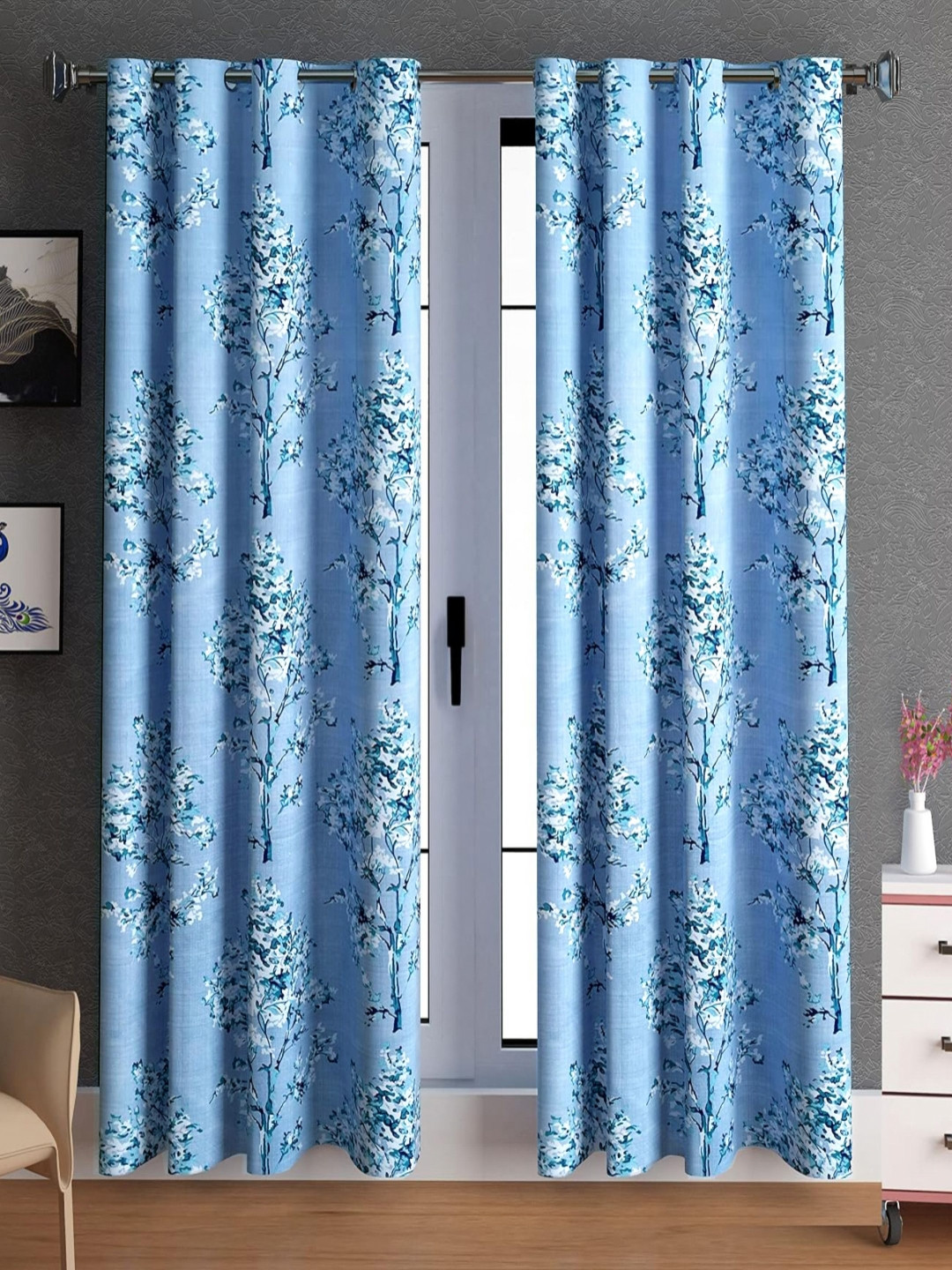 

Lunar Days Blue & White 2 Pieces Floral Room Darkening Long Door Curtains