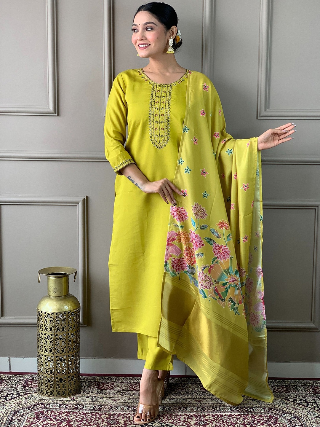 

KALINI Floral Embroidered Thread Work Chanderi Silk Kurta with Trouser & Dupatta, Lime green