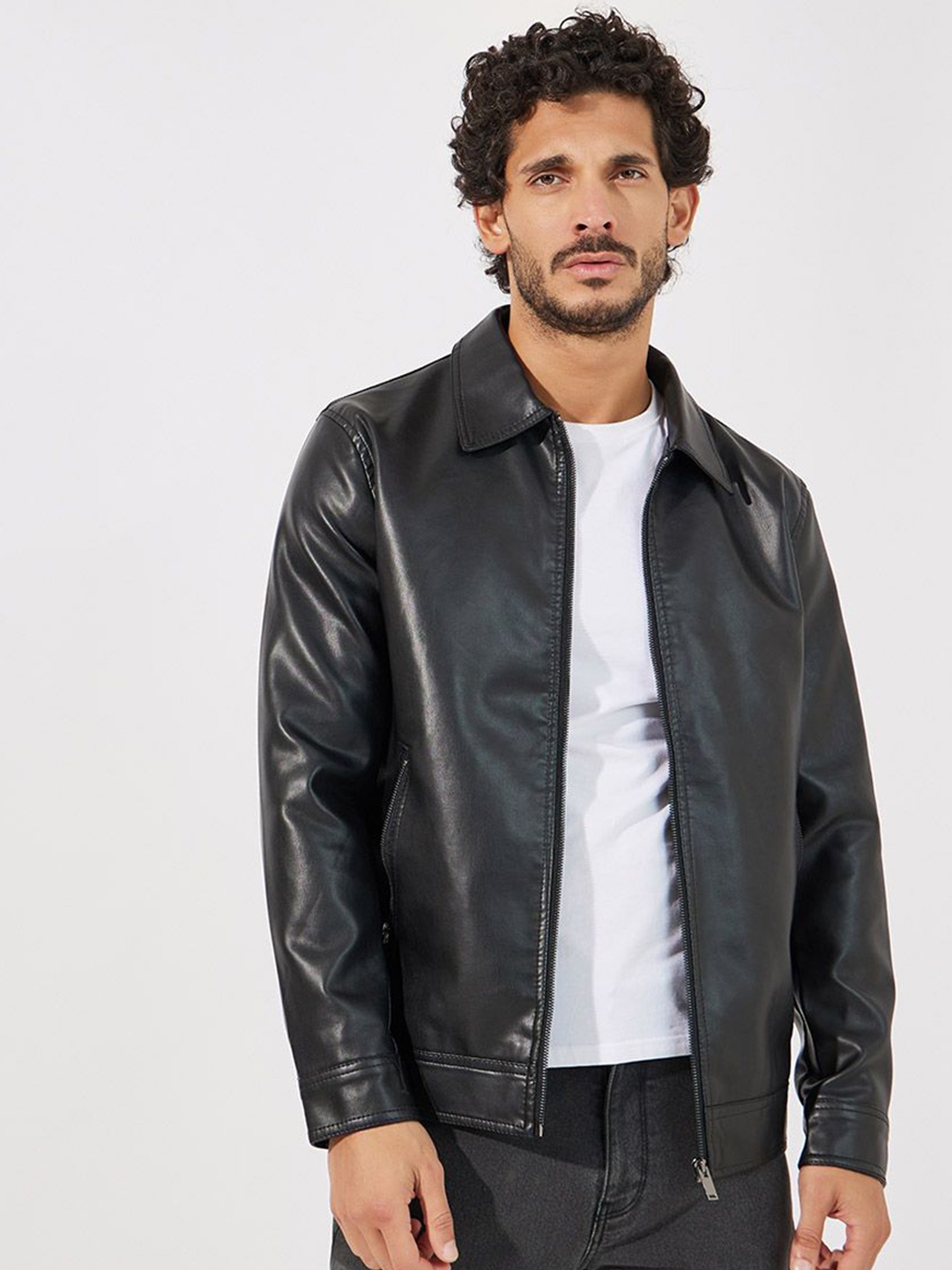 

Styli Men Faux Leather Collared Jacket with Zipper Pocket, Black