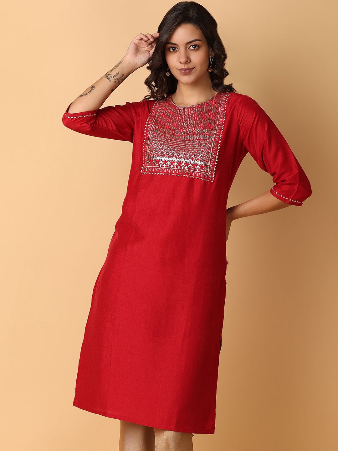 

V-Mart Geometric Printed Cotton Straight Kurta, Maroon