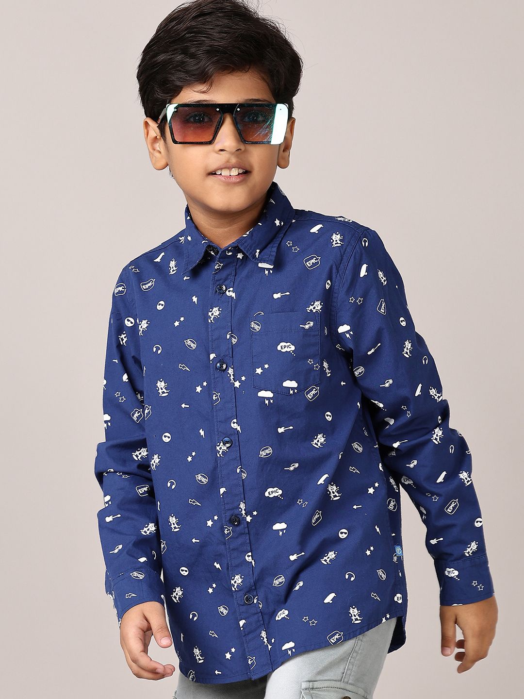 

V-Mart Boys Spread Collar Conversational Printed Cotton Casual Shirt, Blue