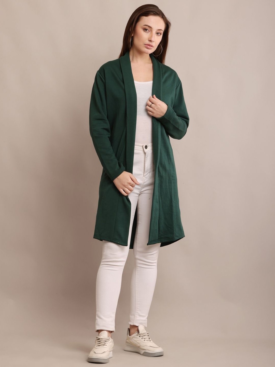 

Raabta Fashion Fleece Open Front Longline Shrug, Green