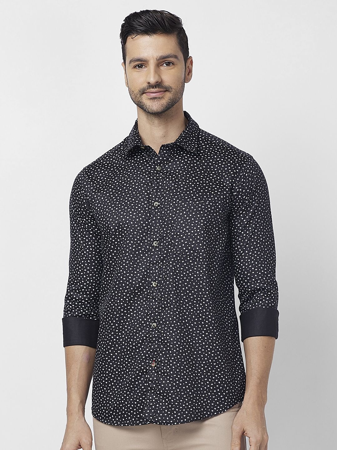 

SNX Men Spread Collar Floral Printed Cotton Casual Shirt, Black