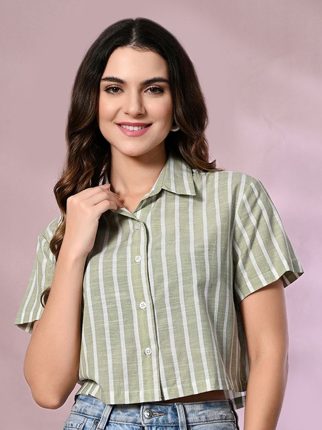 

PRETTY LOVING THING Women Spread Collar Vertical Striped Cotton Boxy Casual Shirt, Green