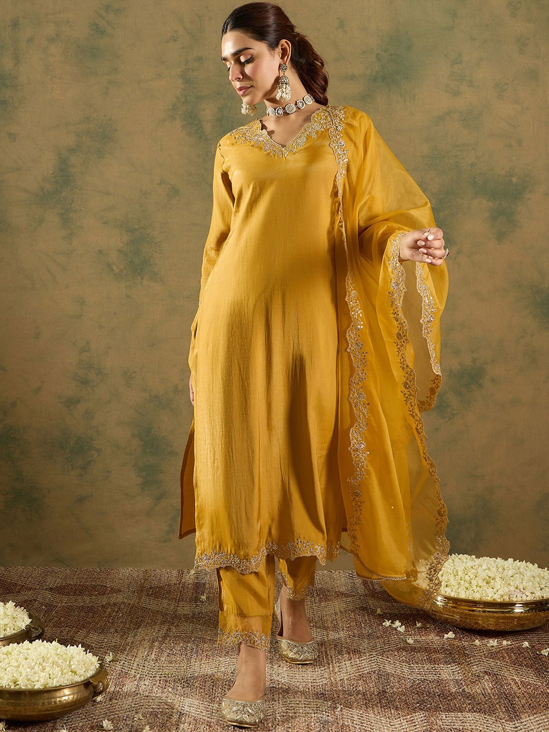 

Indo Era Floral Embroidered Kurta With Trousers & Dupatta, Yellow