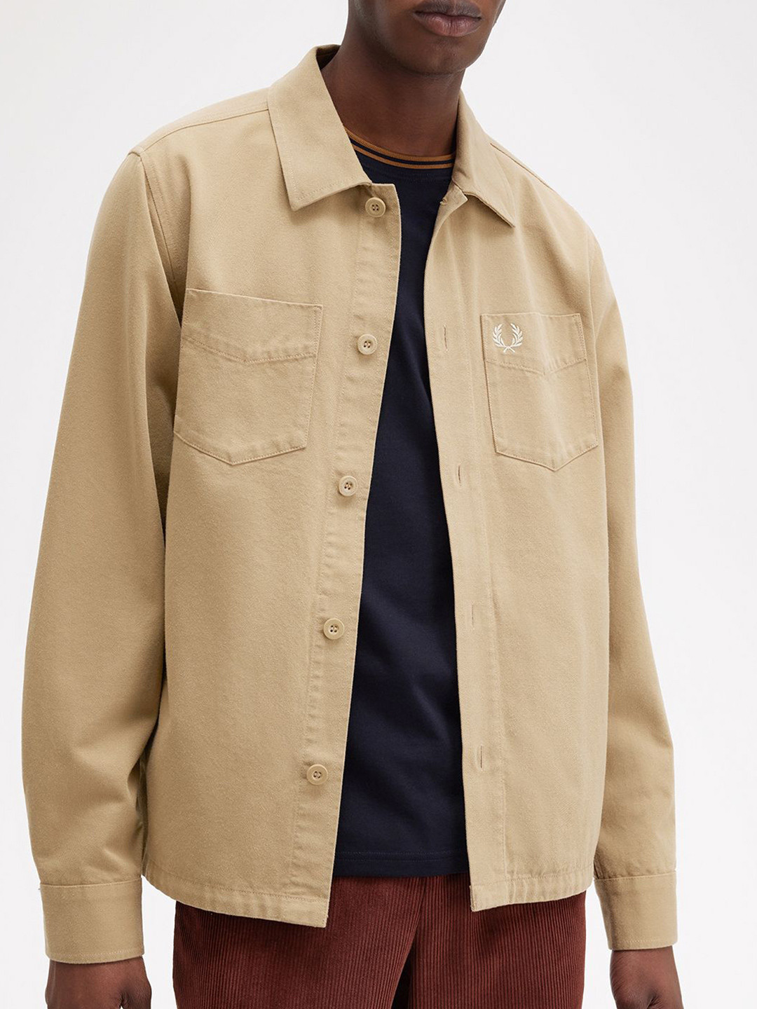 

Fred Perry Men Spread Collar Solid Cotton Slim Fit Casual Shirt, Beige