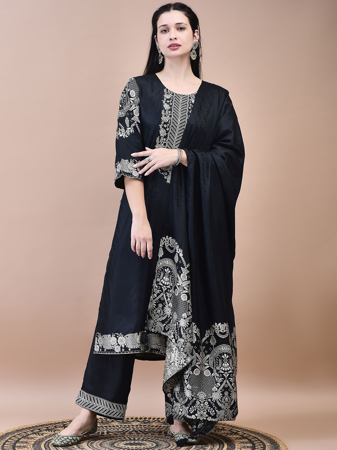 

Shree Floral Embroidered Round Neck Regular Straight Kurta With Trouser With Dupatta, Black