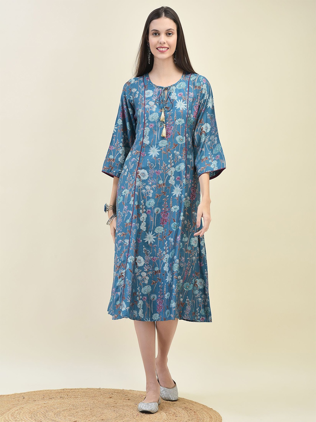 

Shree Women Floral Printed Tie-Up Neck A-Line Midi Dress, Teal