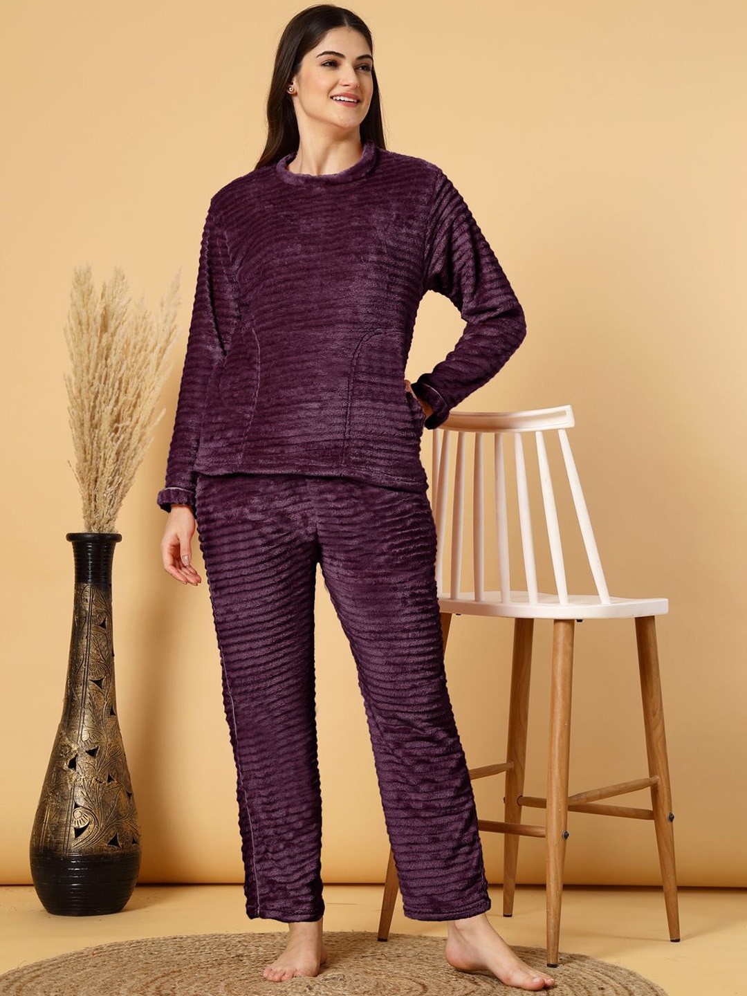 

FABINALIV Striped Round Neck Winter Night Suit with 2 Side Pockets, Burgundy