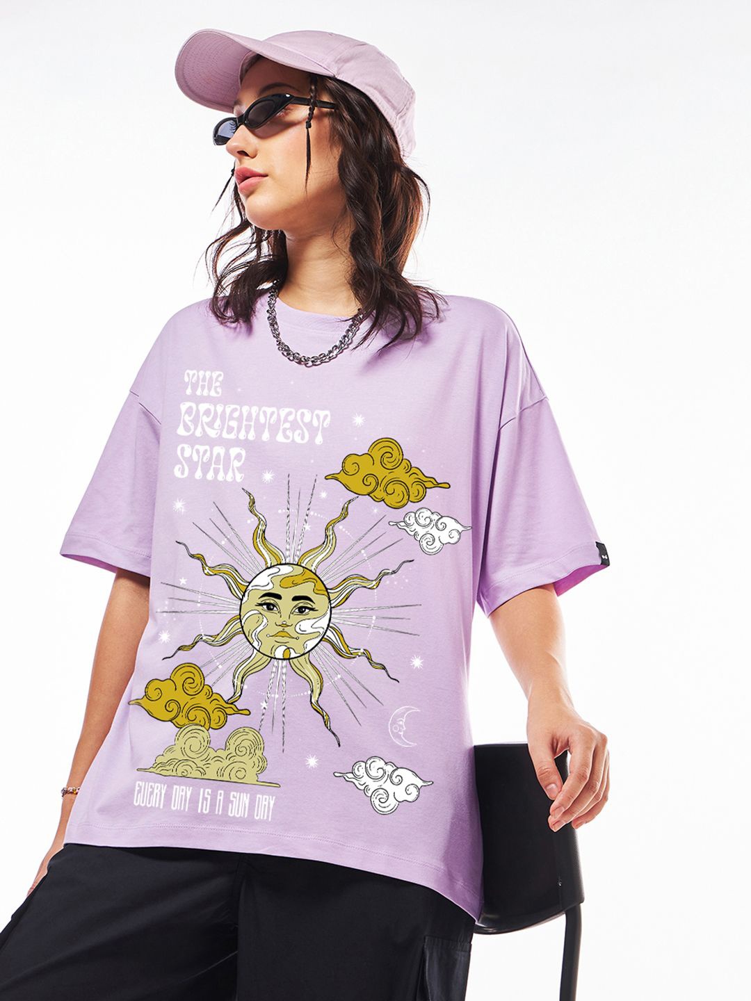 

Bewakoof Women Graphic Printed Round Neck Cotton Oversized T-shirt, Purple