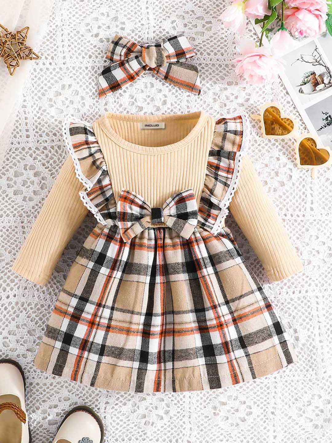 

INCLUD Girls Cotton Checked Fit & Flare Long Sleeves Dress, Khaki