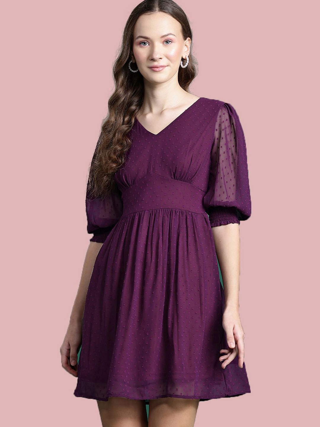 

Deewa Puff Sleeve Georgette Fit & Flare Dress, Purple