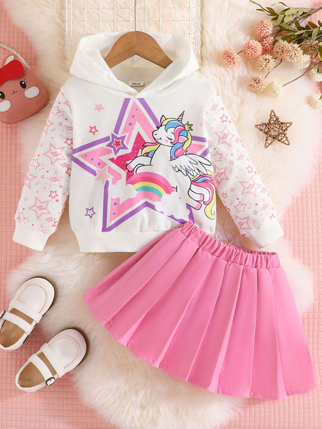 

INCLUD Girls Printed Hooded Long Sleeves Sweatshirt With Skirt, Pink