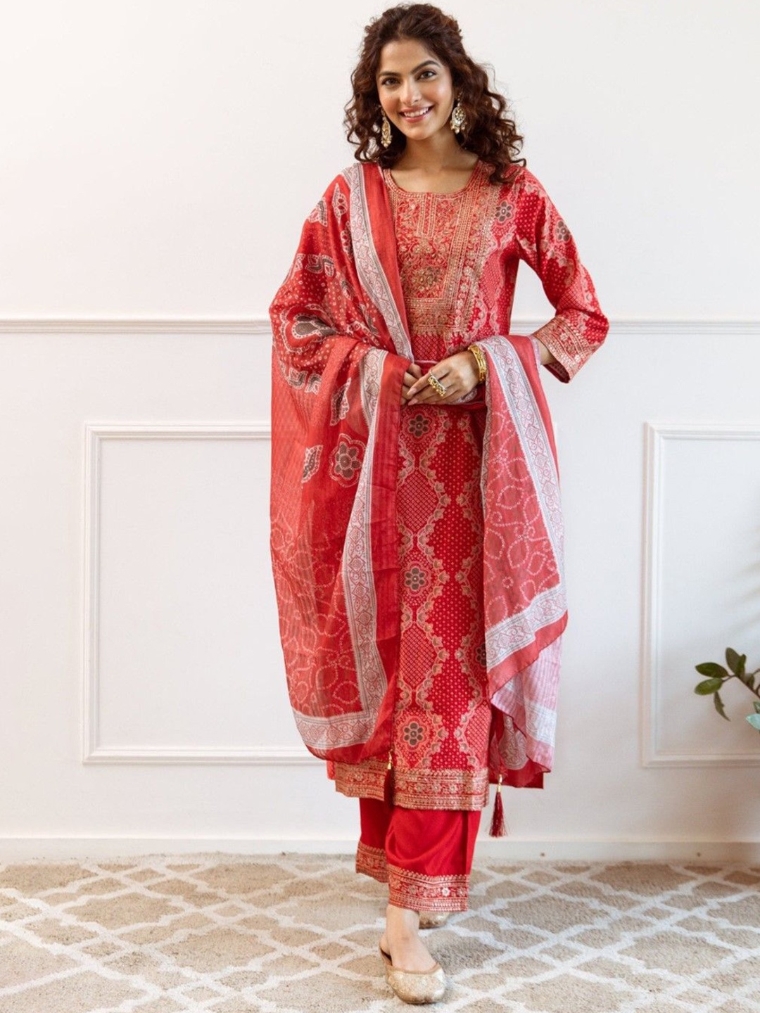 

AUTUMN LANE Ethnic Motifs Printed Sequinned Pure Cotton Straight Kurta & Trouser & Dupatta, Red