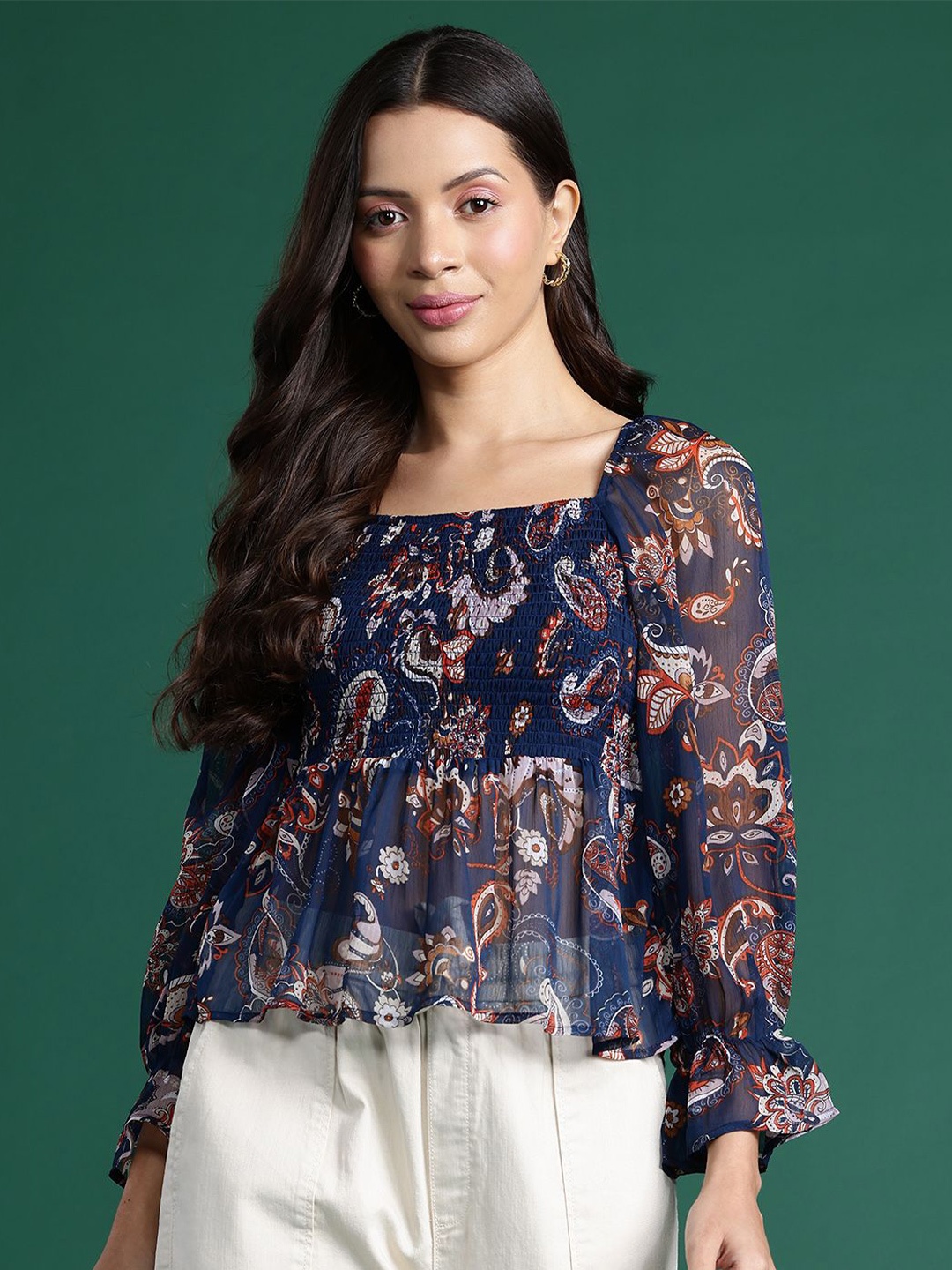 

Deewa Women Floral Printed Puff Sleeve Top, Navy blue