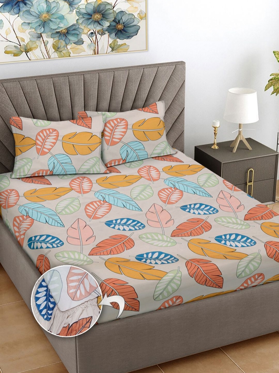 

FABINALIV White & Yellow Floral Print 300 TC Fitted King Bedsheet & 2 Pillow Covers