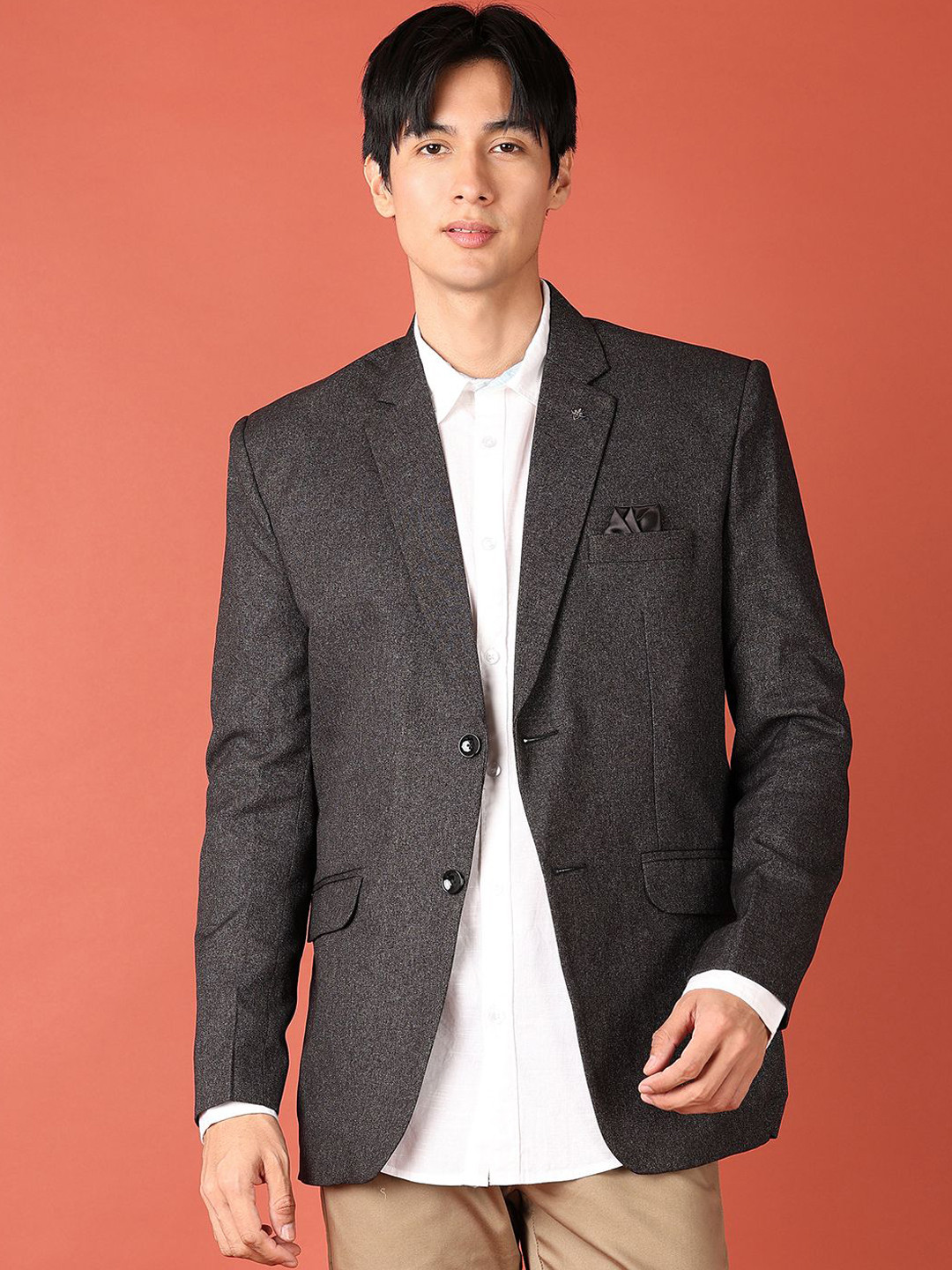 

V-Mart Notched Lapel Collar Cotton Single Breasted Blazer, Black