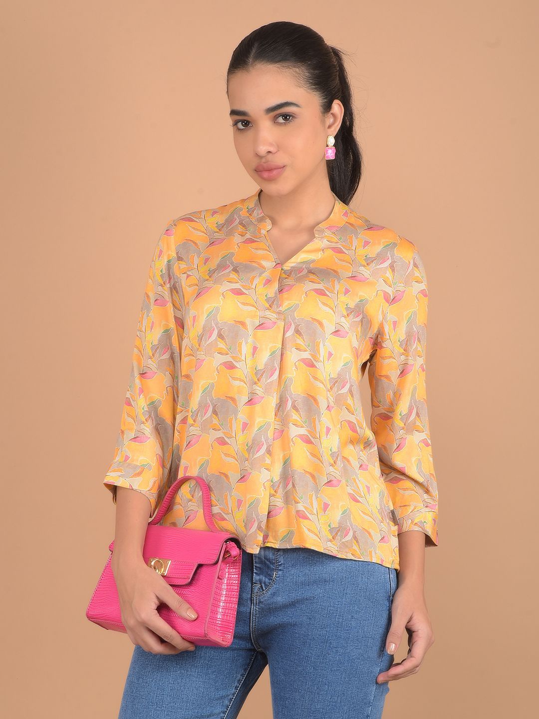 

Crimsoune Club Women Tropical Printed Mandarin Collar Top, Mustard