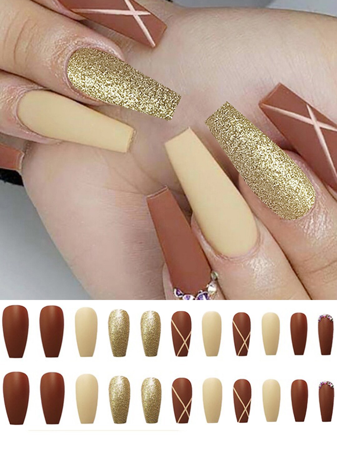 

Secret Lives 24 Pieces Long Matte 3D Studs & Glitter Design Fake Nail Extensions, Beige