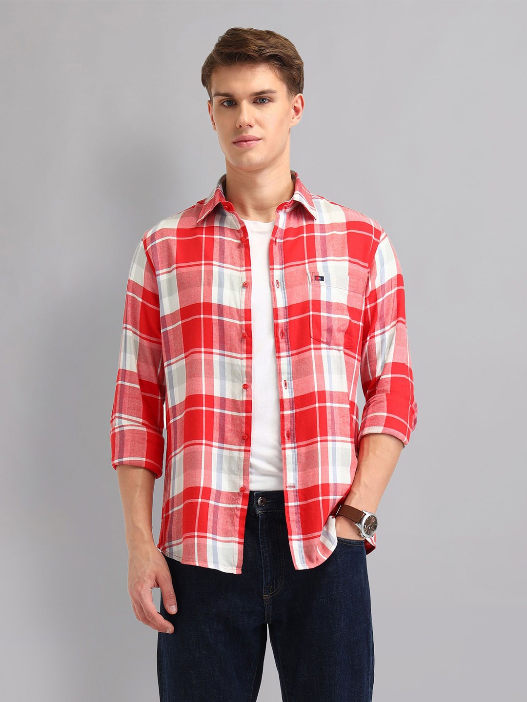 

AD By Arvind Men Spread Collar Tartan Checked Cotton Slim Fit Casual Shirt, Red