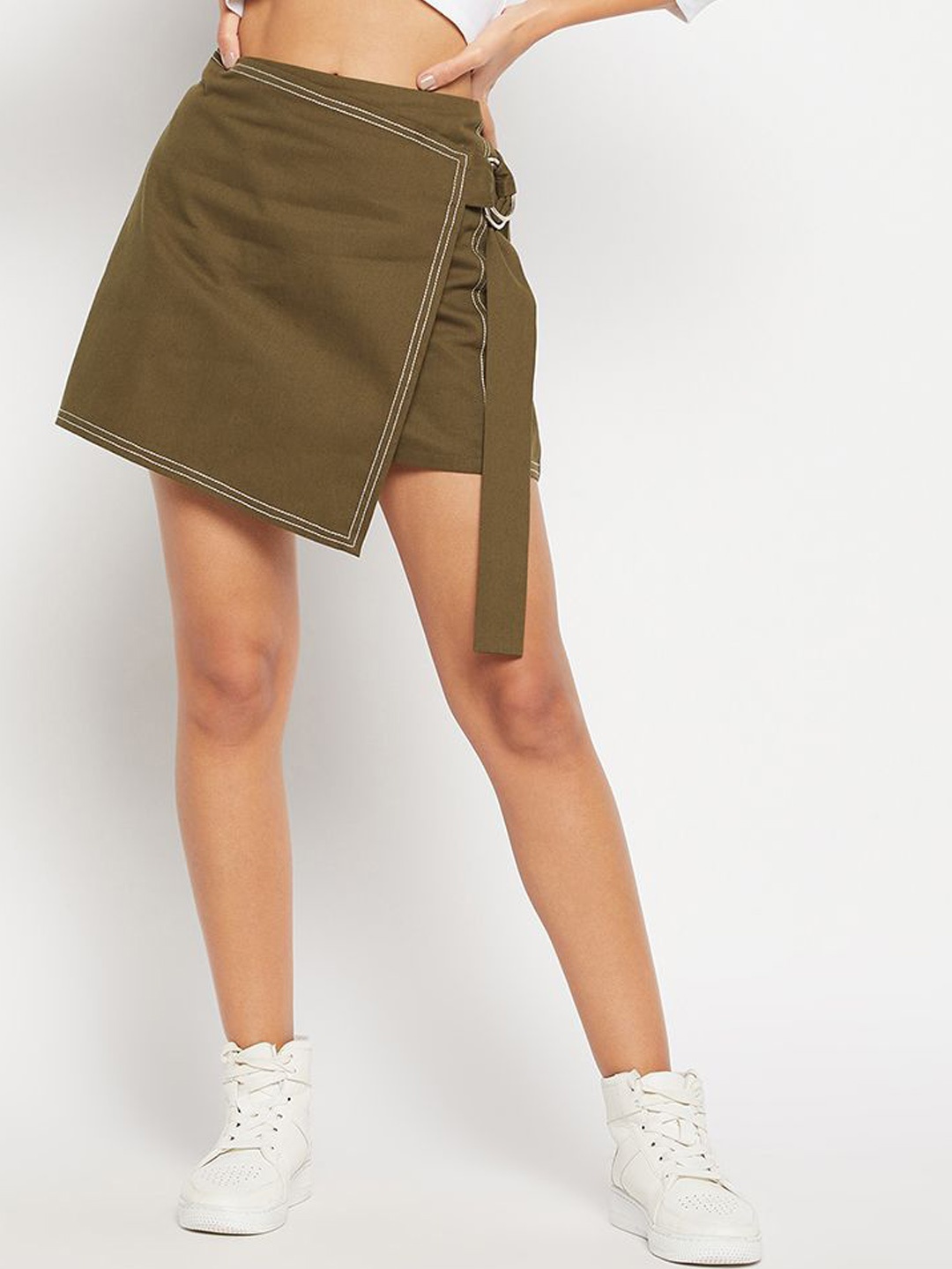 

WineRed Pure Cotton Asymmetric Hemline Wrap Mini Skirt, Olive