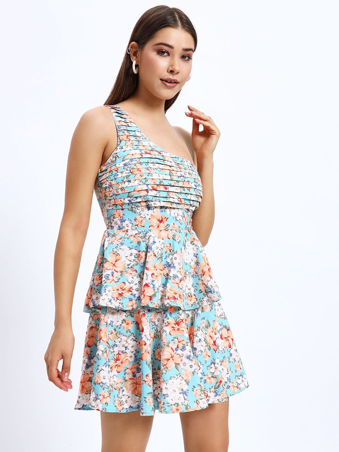 

Sugercandy Women Floral Printed One Shoulder Fit & Flare Dress, Blue