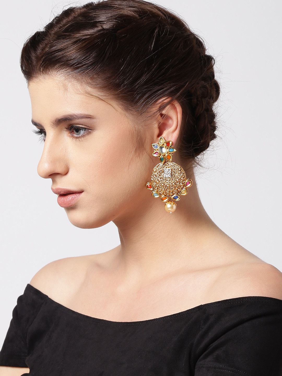 

Anouk Gold-Plated Kundan Studded Contemporary Drop Earrings, Red