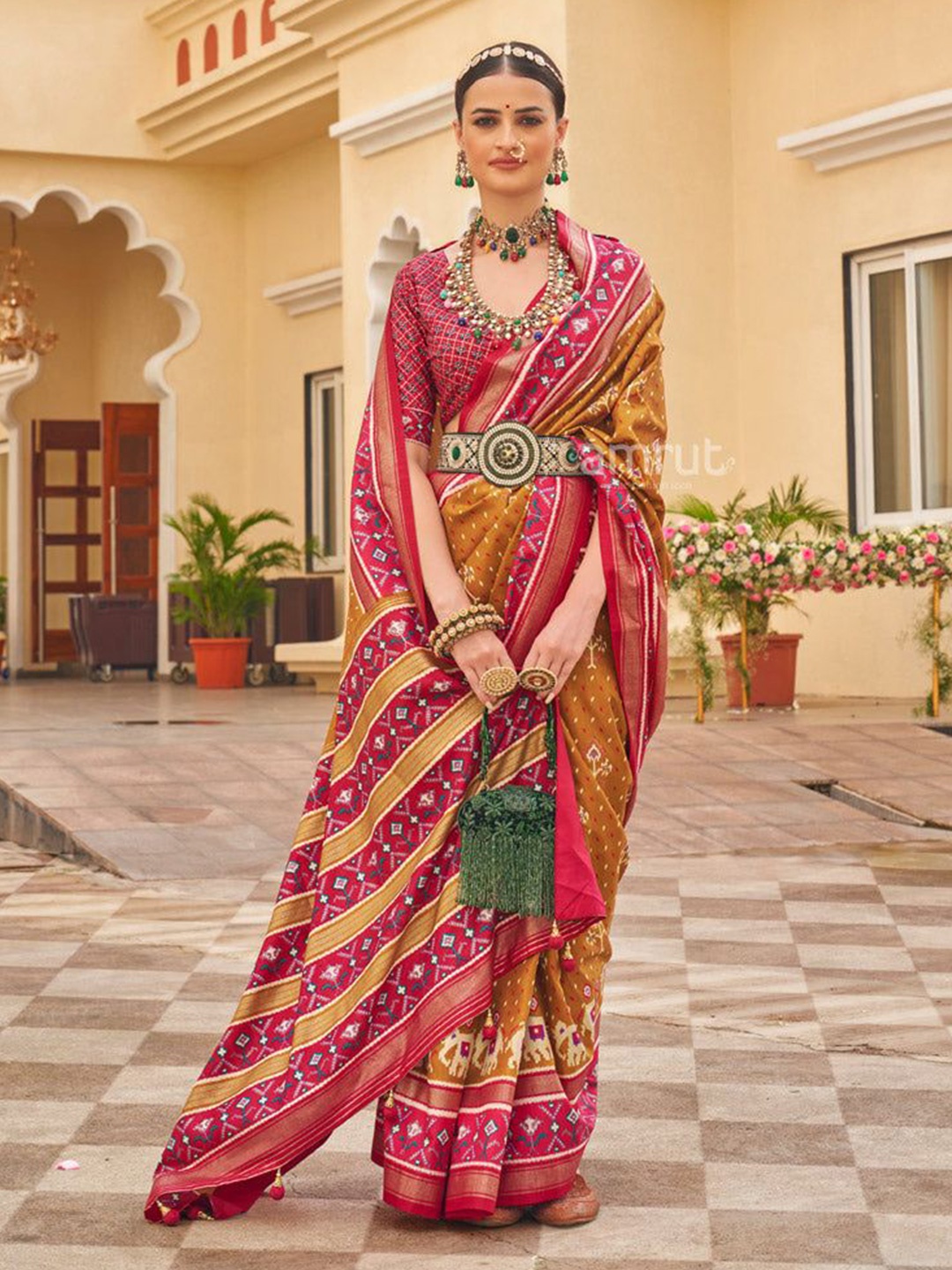 

MAHALASA Ethnic Motifs Printed Patola Saree, Mustard