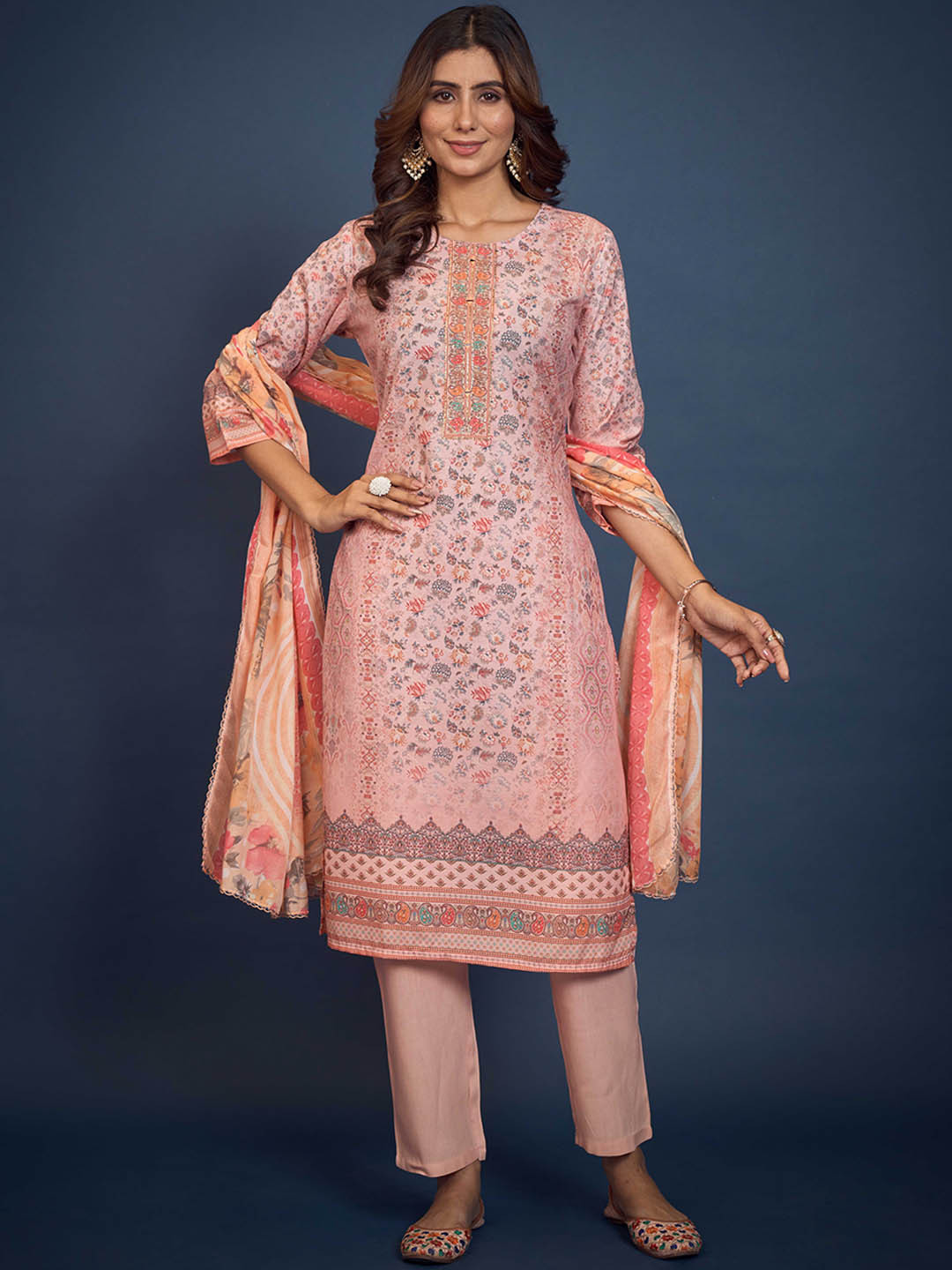 

Anouk Pink Floral Printed Round Neck Pure Cotton Straight Kurta With Trousers & Dupatta