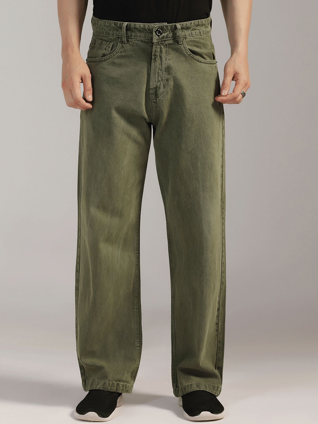 

DI LUSSO Men Wide Leg Clean Look Cotton Jeans, Olive