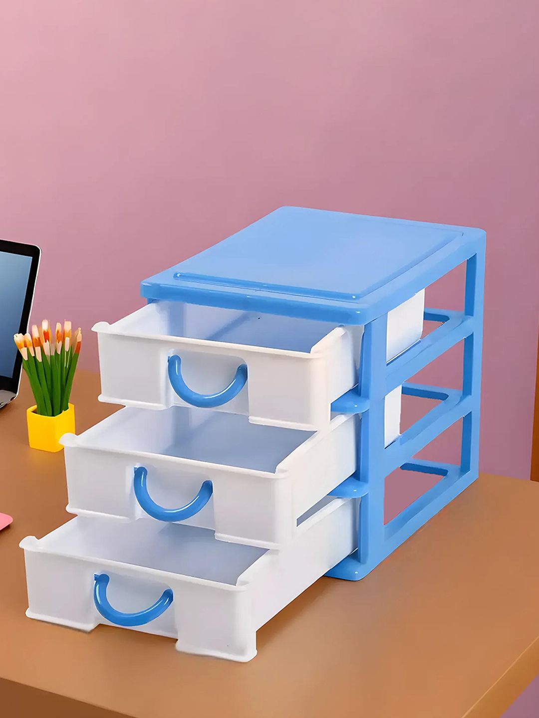 

Kuber Industries White & Blue 2 Pieces 3-Layer Drawer Organisers