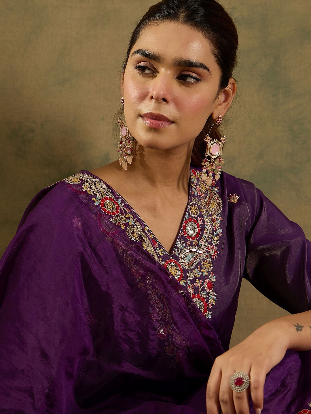 

Indo Era Ethnic Motifs Embroidered Kurta With Trousers & Dupatta, Purple