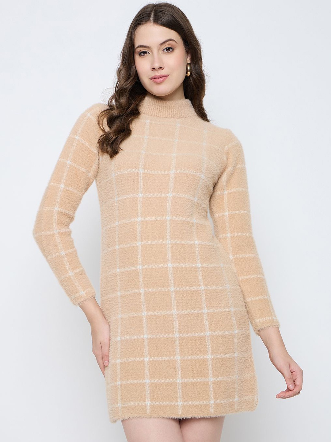 

Knitstudio Women Checked High Neck Sheath Dress, Rose