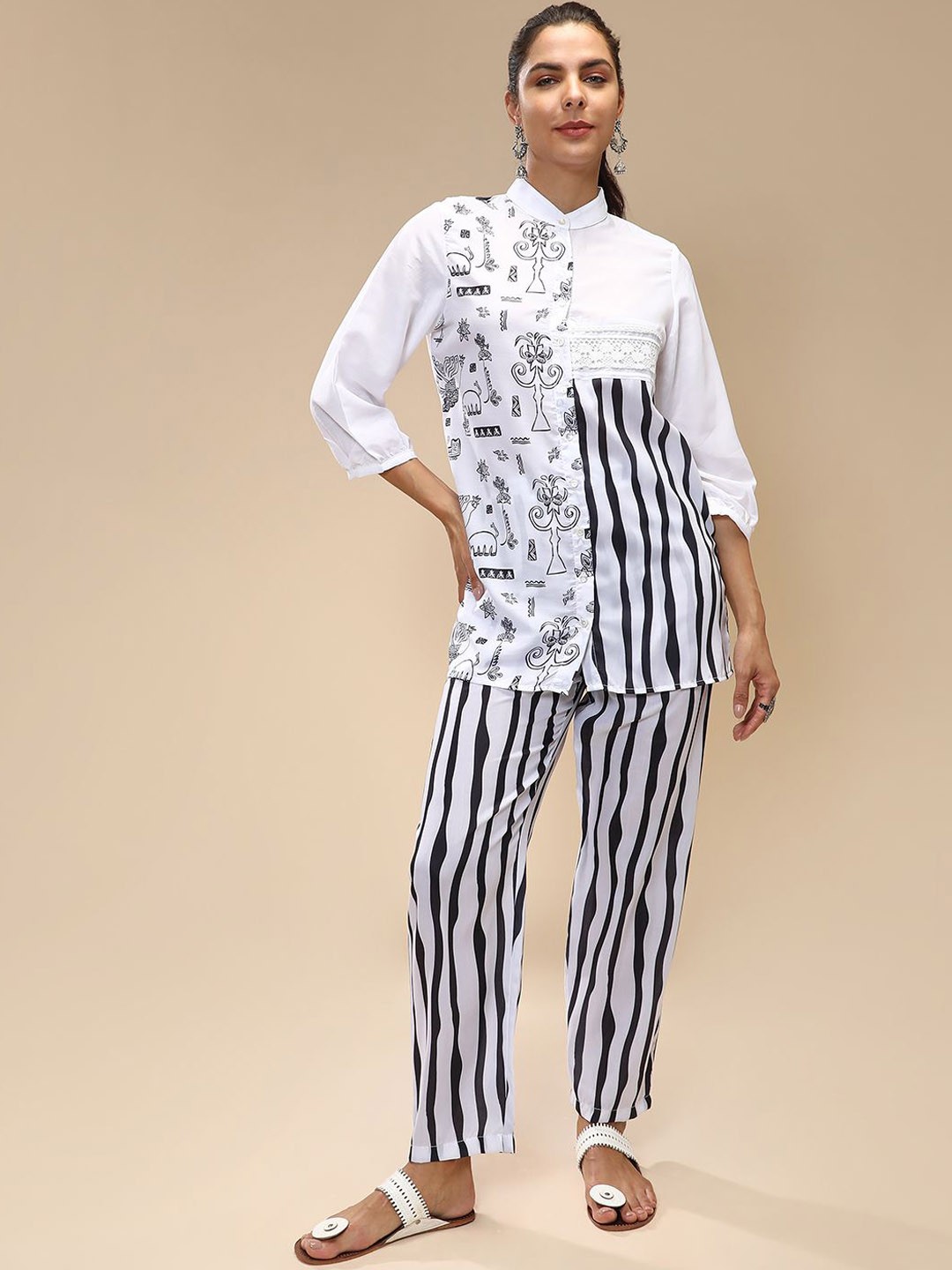 

QISSA Striped Printed Band Collar Casual Shirt With Trousers, Black