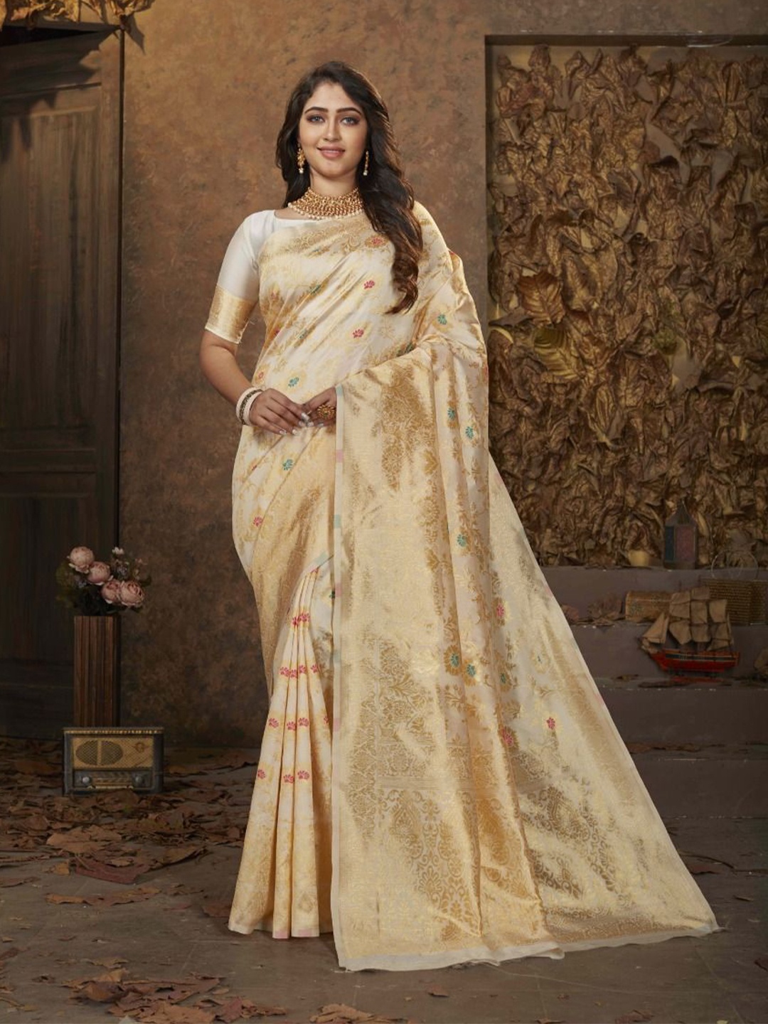 

KALINI Women Zari Woven Design Pure Silk Banarasi Saree, Cream