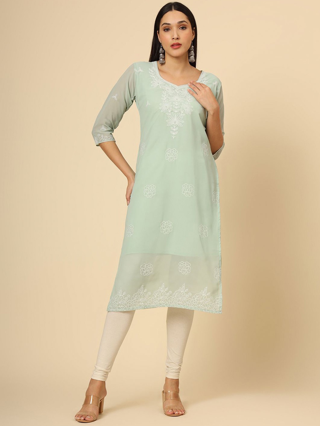 

HERE&NOW Olive Green Floral Embroidered Thread Work Georgette Straight Kurta