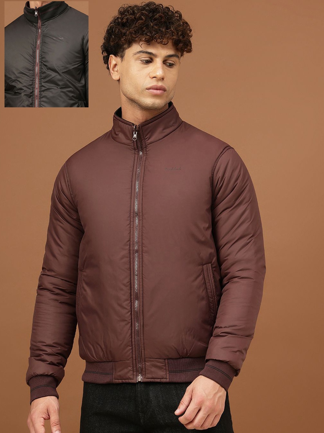 

Richlook Men Mock Collar Solid Casual Padded Reversible Jacket, Maroon