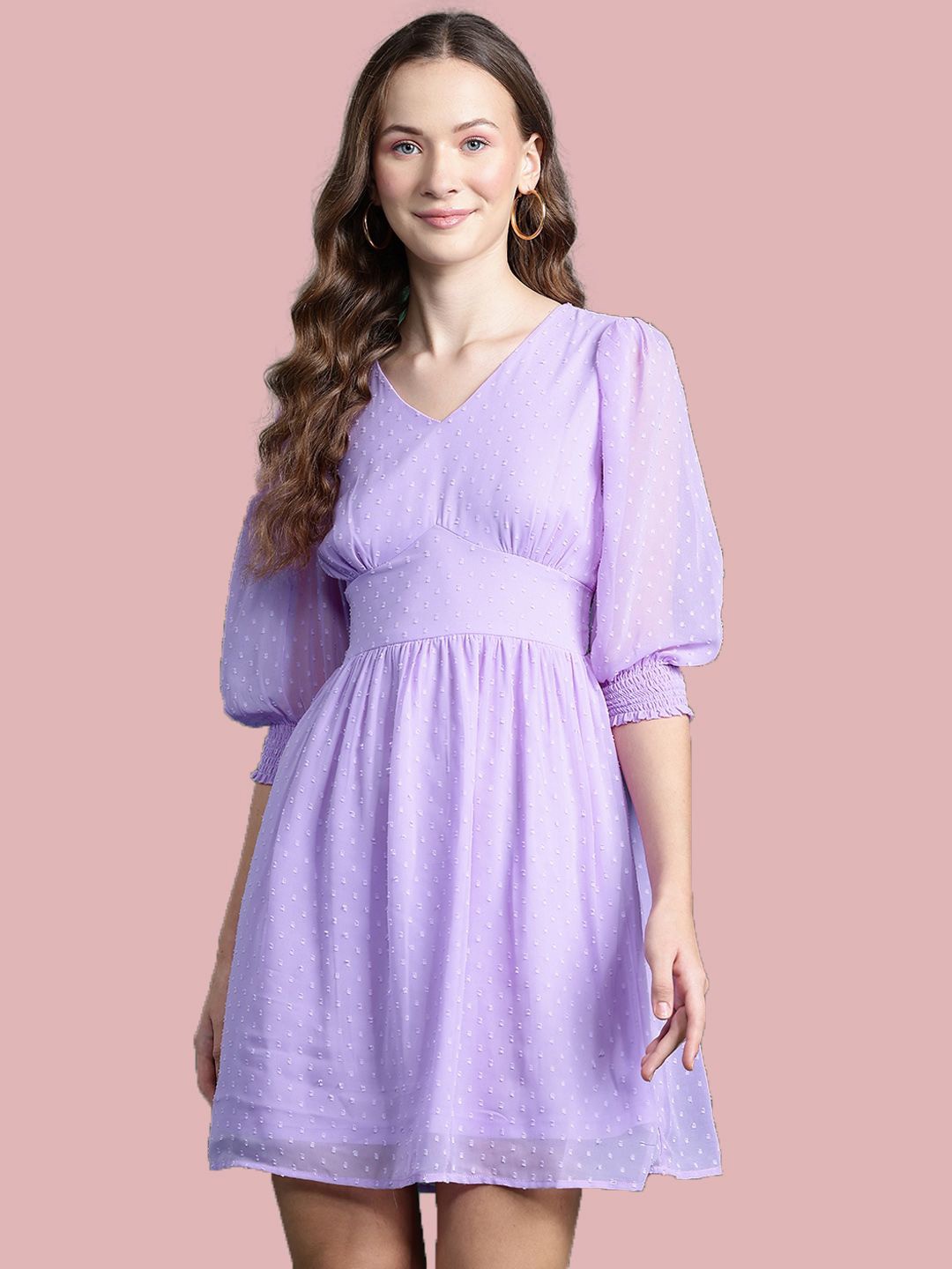 

Deewa Women Self Design Smocked Tiered A-Line Dress, Lavender