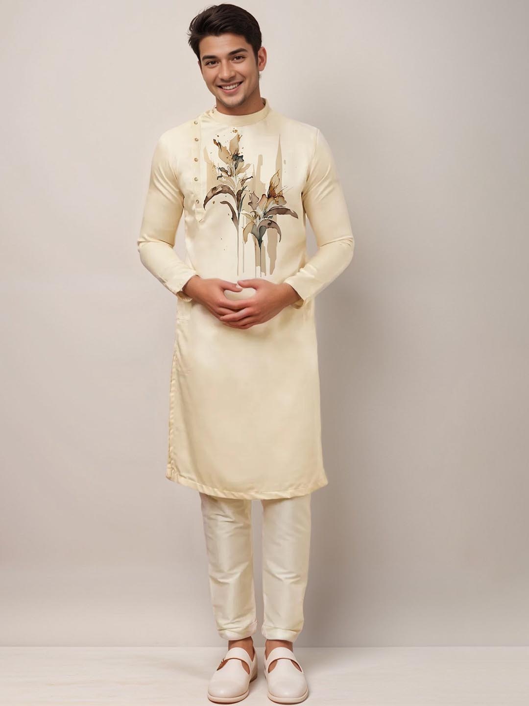 

DEVOILER Floral Printed Pastel Mandarin Collar Side Placket Cotton Straight Kurta, Beige