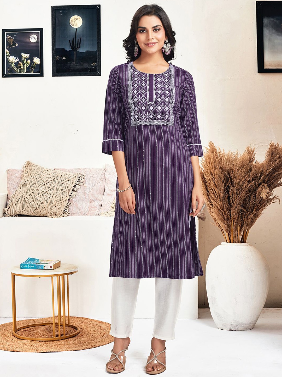 

KALINI Ethnic Motifs Embroidered Cotton Kurta, Purple