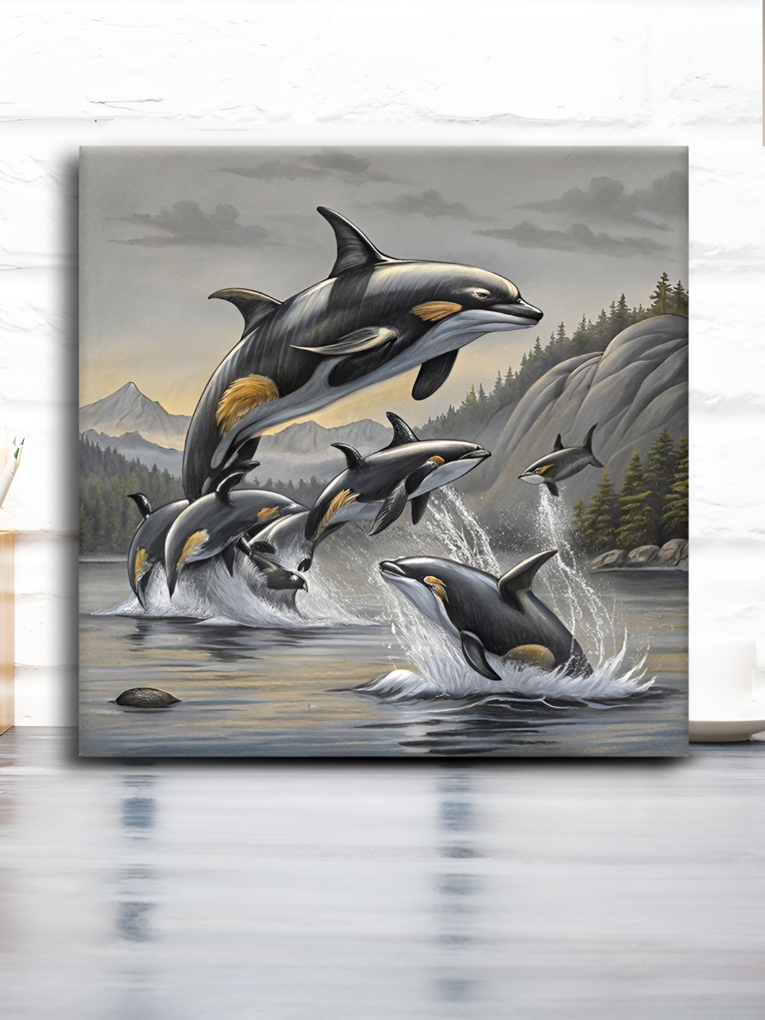 

OLIVE TREE Grey & Black Dolphins Canvas Painting Wall Art