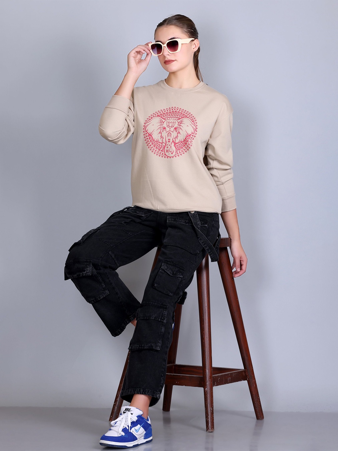 

Obaan Women Solid Printed Sweatshirt, Beige