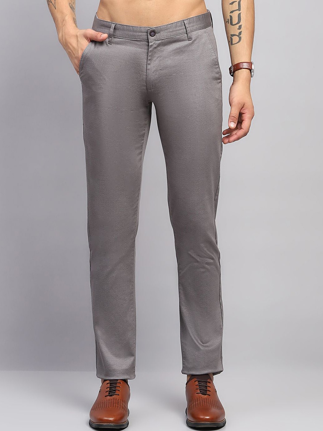 

Monte Carlo Men Cotton Mid-Rise Trousers, Grey