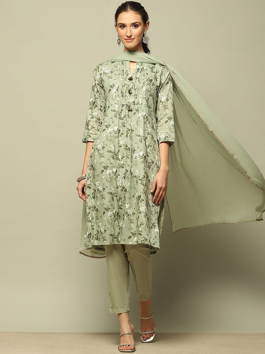 

Rangriti Women Floral Embroidered Regular Pure Cotton Kurta with Trousers & With Dupatta, Turquoise blue