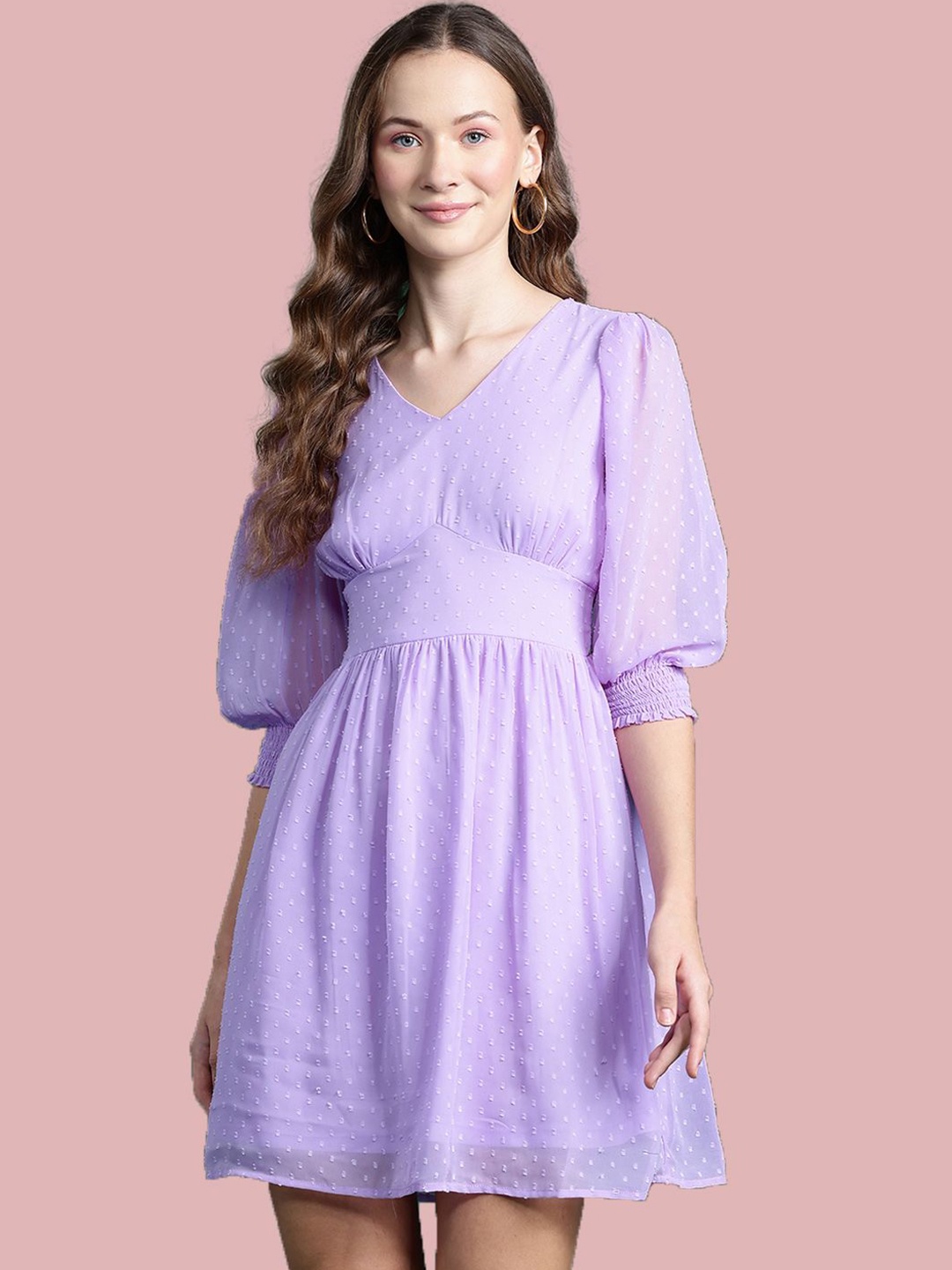 

Deewa Women Puff Sleeve Georgette Fit & Flare Dress, Lavender