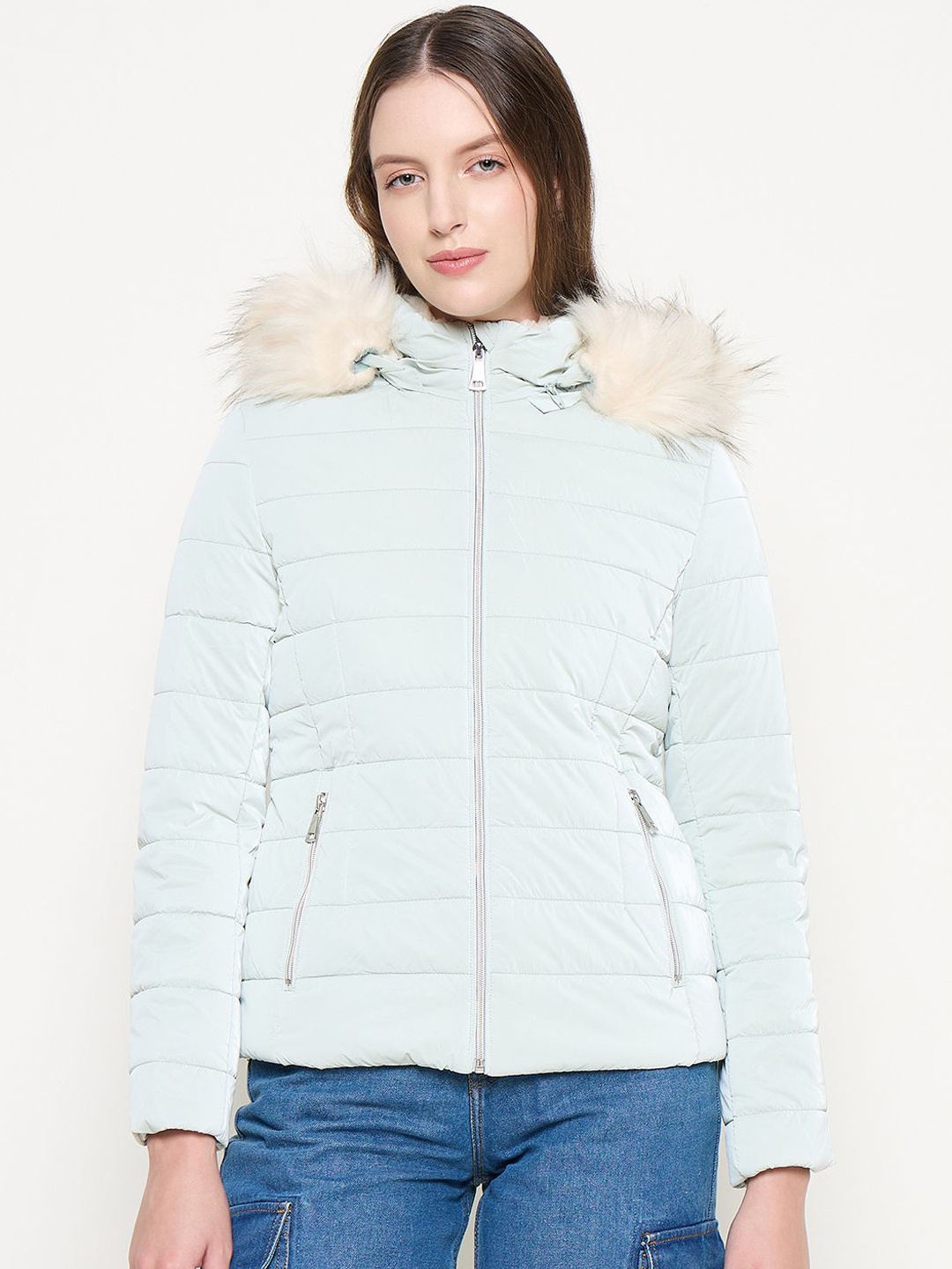 

Madame Women Mock Collar Solid Casual Puffer Jacket, Teal