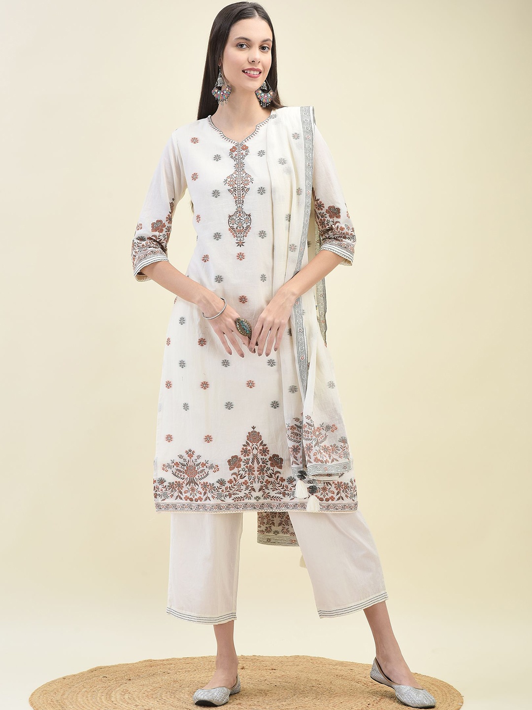 

Shree Ethnic Motifs Printed Pure Cotton Straight Kurta with Trousers & Dupatta, Off white